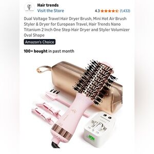 NIB HairTrends Hair Dryer Brush Styler Dual Voltage 2" One Step, Oval, Pink